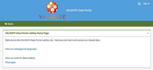 VALIDATE data portal catalogue page